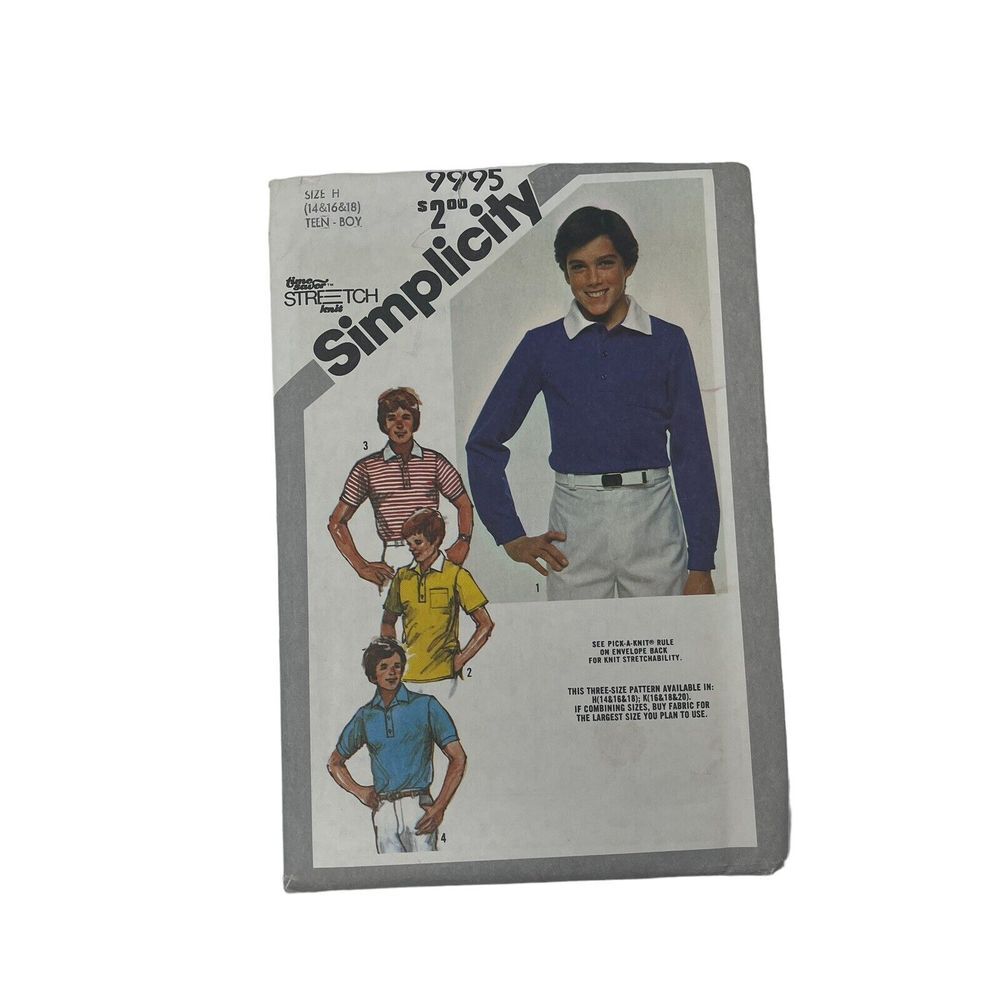 Vintage‎ 80's Simplicity 9995 Teen Boys Polo Shirt UNCUT Sewing Pattern Sz 14-18